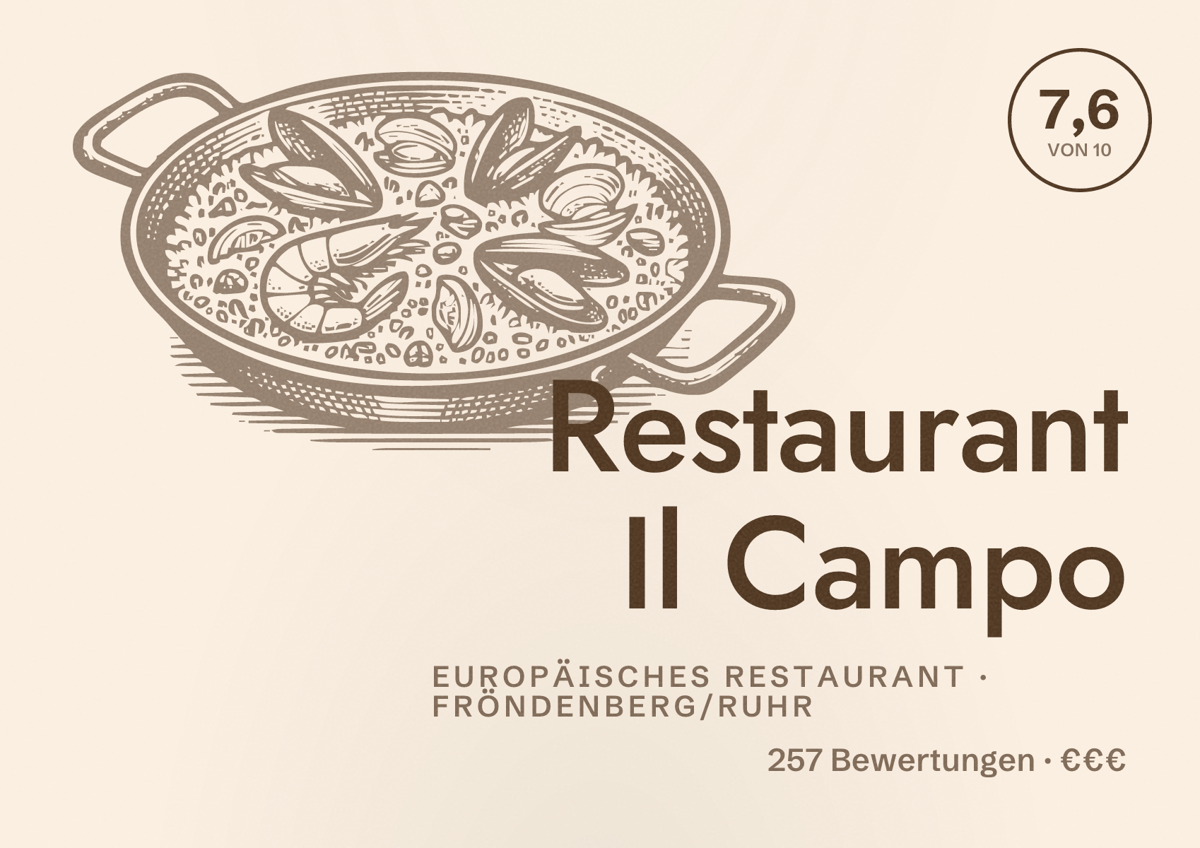 Illustriertes Poster von Restaurant Il Campo, Europäisches Restaurant in Fröndenberg/Ruhr: Bewertung 7,6 von 10 aus 257 Bewertungen, Preisniveau €€€