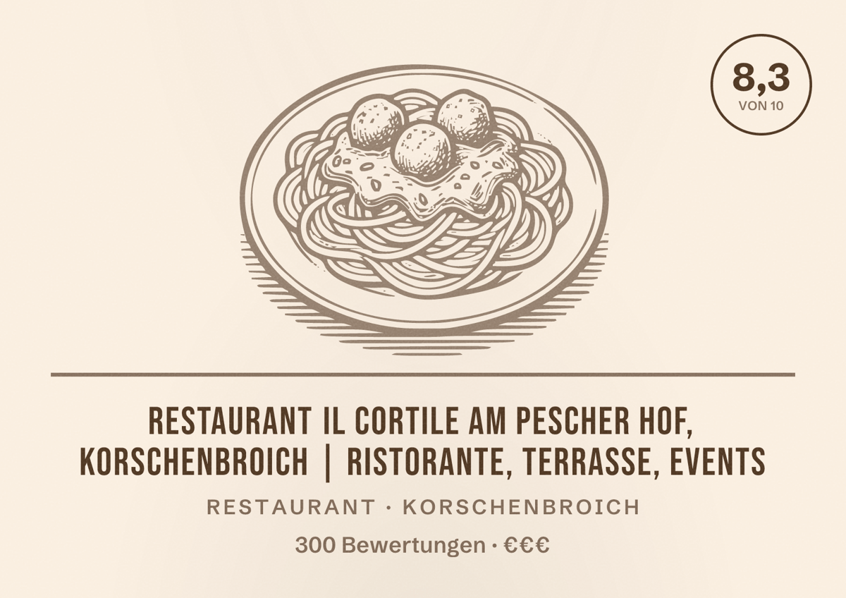 Illustriertes Poster von Restaurant Il Cortile am Pescher Hof, Korschenbroich | Ristorante, Terrasse, Events, Restaurant in Korschenbroich: Bewertung 8,3 von 10 aus 300 Bewertungen, Preisniveau €€€