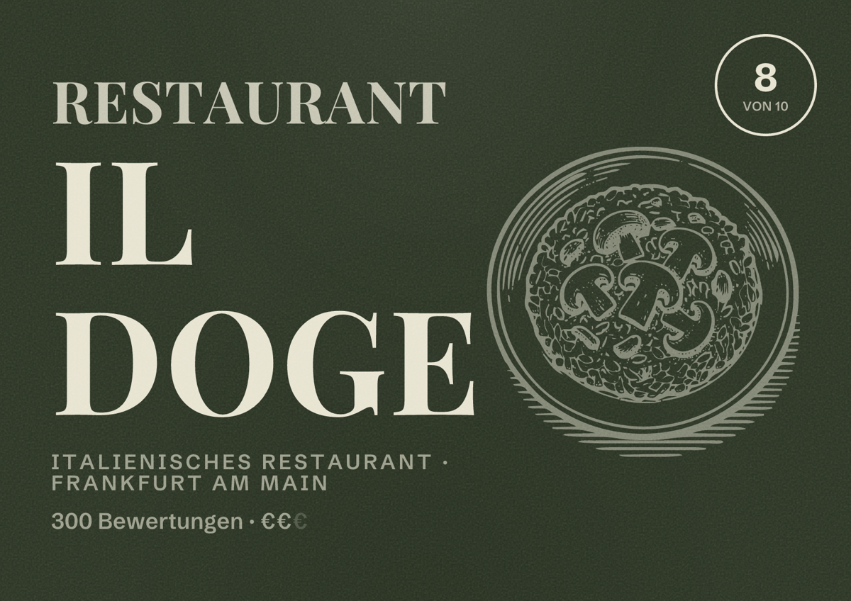 Illustriertes Poster von Restaurant Il Doge, Italienisches Restaurant in Frankfurt am Main: Bewertung 8,0 von 10 aus 300 Bewertungen, Preisniveau €€