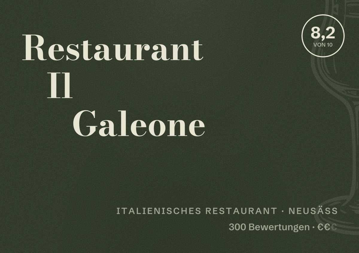 Illustriertes Poster von Restaurant Il Galeone, Italienisches Restaurant in Neusäß: Bewertung 8,2 von 10 aus 300 Bewertungen, Preisniveau €€
