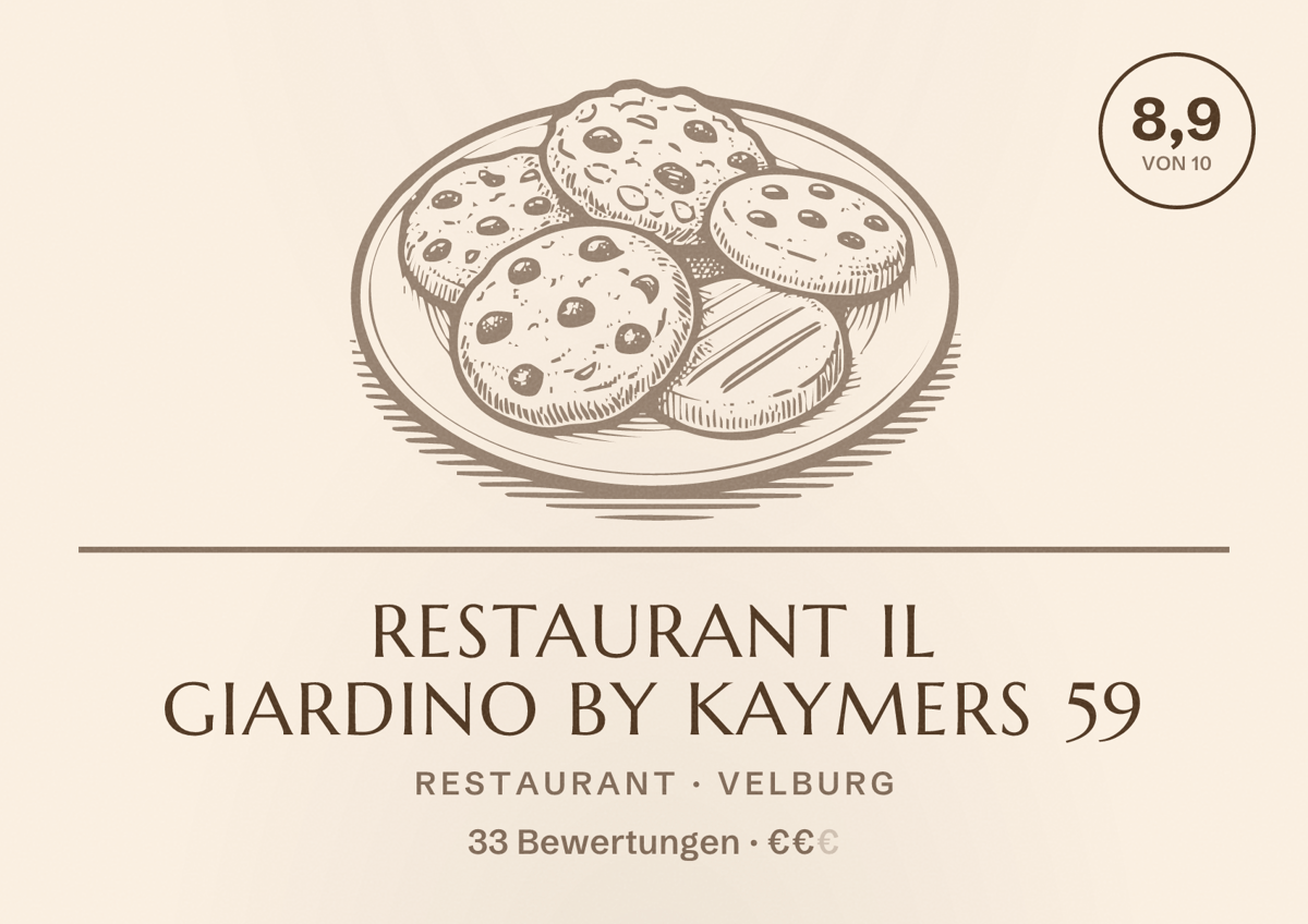 Illustriertes Poster von Restaurant IL Giardino by Kaymers 59, Restaurant in Velburg: Bewertung 8,9 von 10 aus 33 Bewertungen, Preisniveau €€