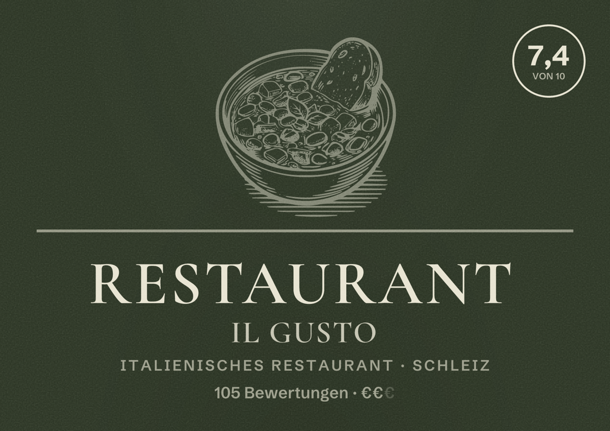 Illustriertes Poster von Restaurant Il Gusto, Italienisches Restaurant in Schleiz: Bewertung 7,4 von 10 aus 105 Bewertungen, Preisniveau €€