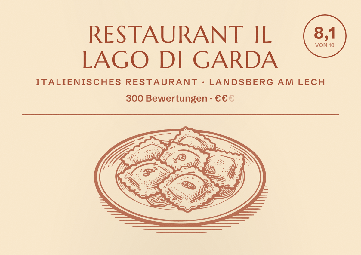 Illustriertes Poster von Restaurant Il Lago Di Garda, Italienisches Restaurant in Landsberg am Lech: Bewertung 8,1 von 10 aus 300 Bewertungen, Preisniveau €€