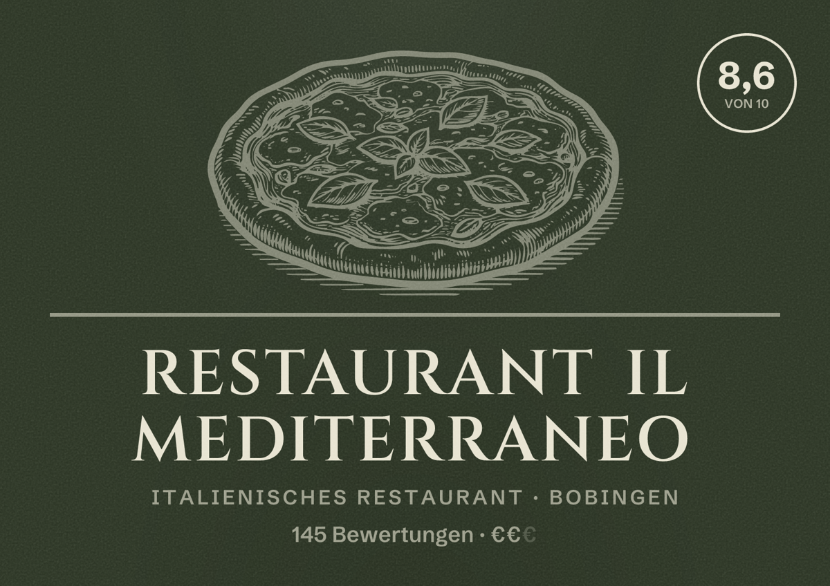 Illustriertes Poster von Restaurant Il Mediterraneo, Italienisches Restaurant in Bobingen: Bewertung 8,6 von 10 aus 145 Bewertungen, Preisniveau €€