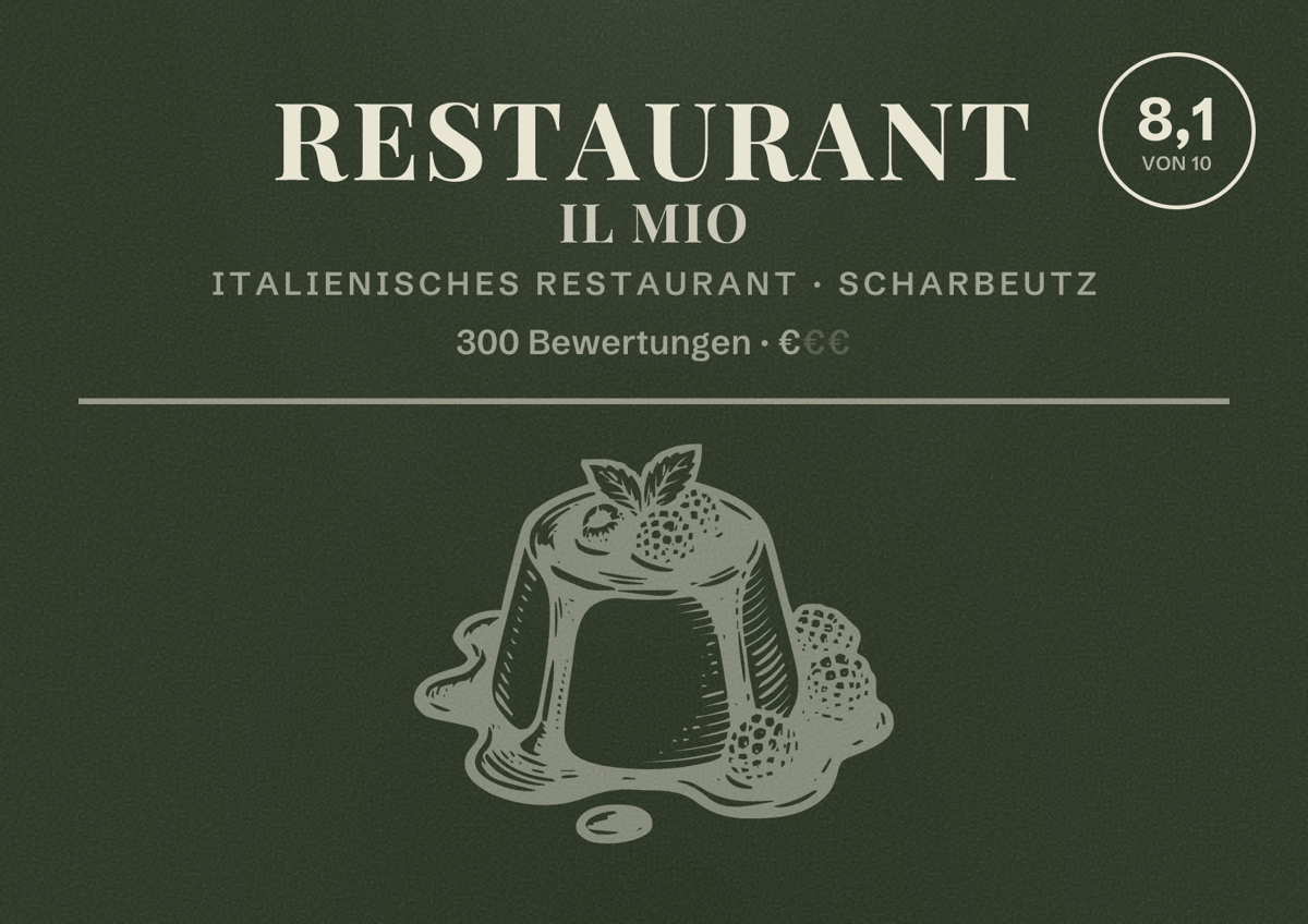 Illustriertes Poster von Restaurant il Mio, Italienisches Restaurant in Scharbeutz: Bewertung 8,1 von 10 aus 300 Bewertungen, Preisniveau €