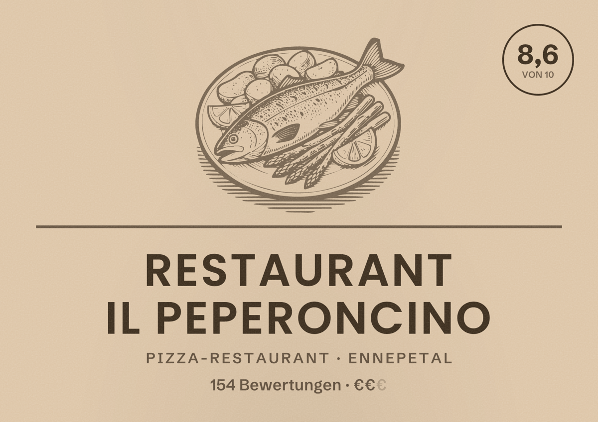 Illustriertes Poster von Restaurant Il Peperoncino, Pizza-Restaurant in Ennepetal: Bewertung 8,6 von 10 aus 154 Bewertungen, Preisniveau €€