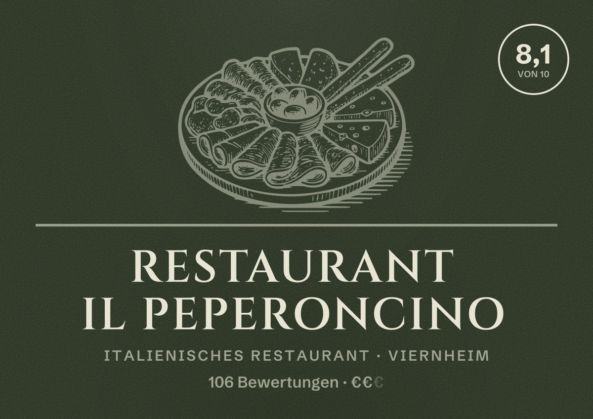 Illustriertes Poster von Restaurant Il Peperoncino, Italienisches Restaurant in Viernheim: Bewertung 8,1 von 10 aus 106 Bewertungen, Preisniveau €€