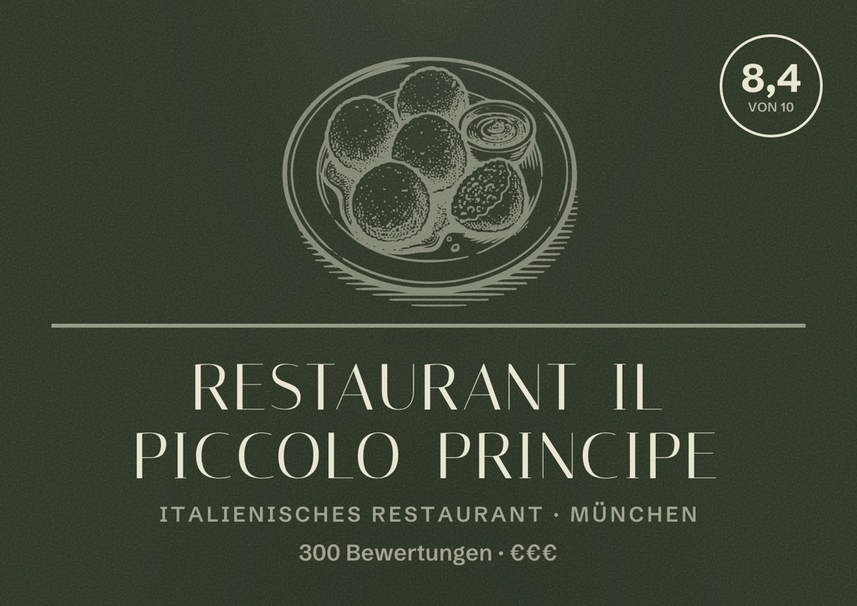 Illustriertes Poster von Restaurant Il Piccolo Principe, Italienisches Restaurant in München: Bewertung 8,4 von 10 aus 300 Bewertungen, Preisniveau €€€
