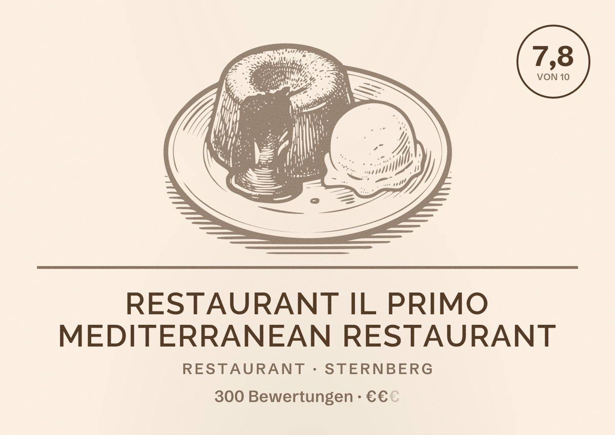 Illustriertes Poster von Restaurant IL PRIMO Mediterranean restaurant, Restaurant in Sternberg: Bewertung 7,8 von 10 aus 300 Bewertungen, Preisniveau €€