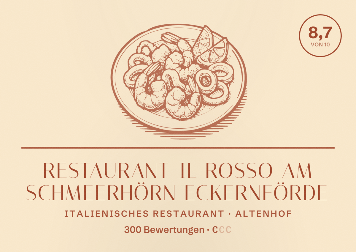Illustriertes Poster von Restaurant Il Rosso am Schmeerhörn Eckernförde, Italienisches Restaurant in Altenhof: Bewertung 8,7 von 10 aus 300 Bewertungen, Preisniveau €