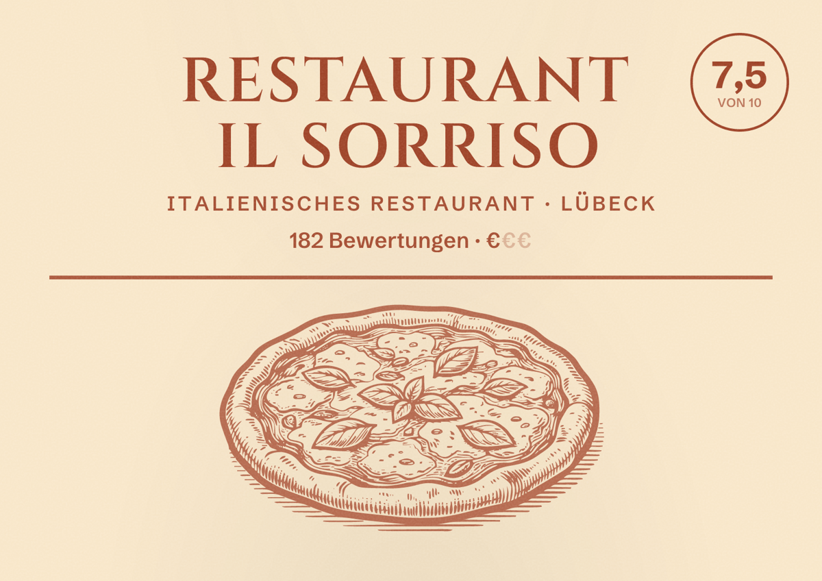 Illustriertes Poster von Restaurant il Sorriso, Italienisches Restaurant in Lübeck: Bewertung 7,5 von 10 aus 182 Bewertungen, Preisniveau €