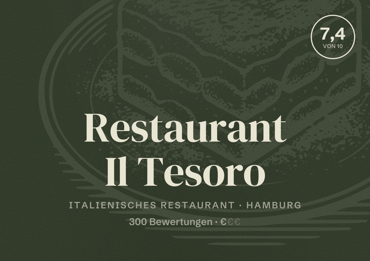 Illustriertes Poster von Restaurant Il Tesoro, Italienisches Restaurant in Hamburg: Bewertung 7,4 von 10 aus 300 Bewertungen, Preisniveau €