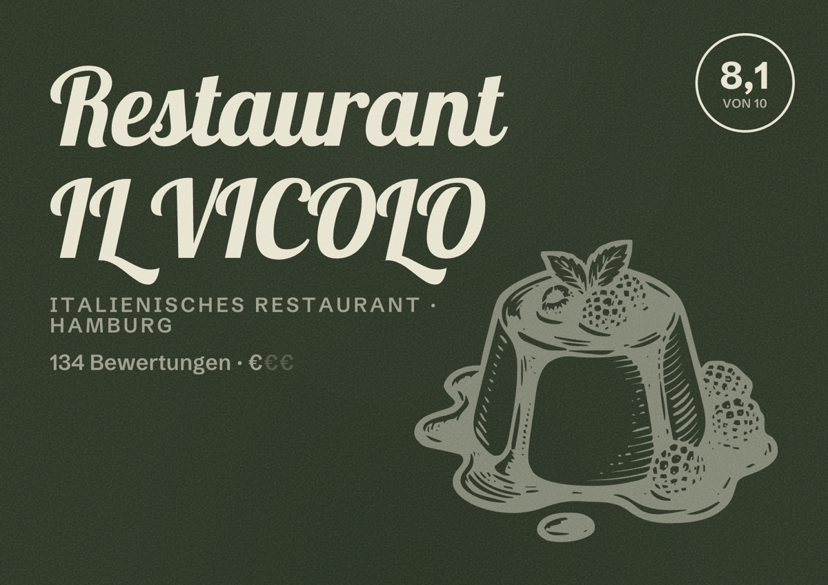 Illustriertes Poster von Restaurant IL VICOLO, Italienisches Restaurant in Hamburg: Bewertung 8,1 von 10 aus 134 Bewertungen, Preisniveau €