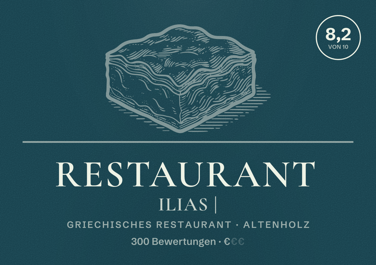Illustriertes Poster von Restaurant Ilias |, Griechisches Restaurant in Altenholz: Bewertung 8,2 von 10 aus 300 Bewertungen, Preisniveau €