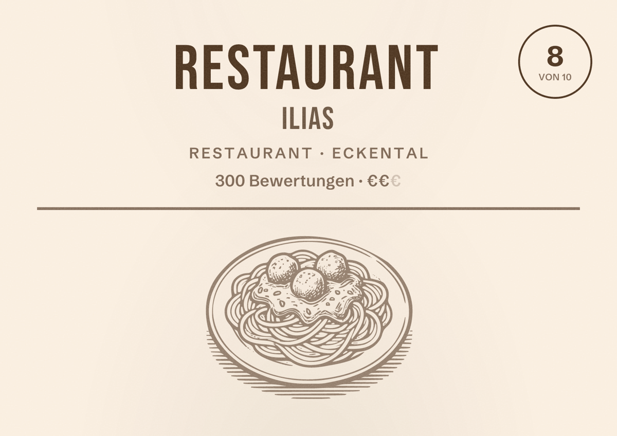 Illustriertes Poster von Restaurant Ilias, Restaurant in Eckental: Bewertung 8 von 10 aus 300 Bewertungen, Preisniveau €€