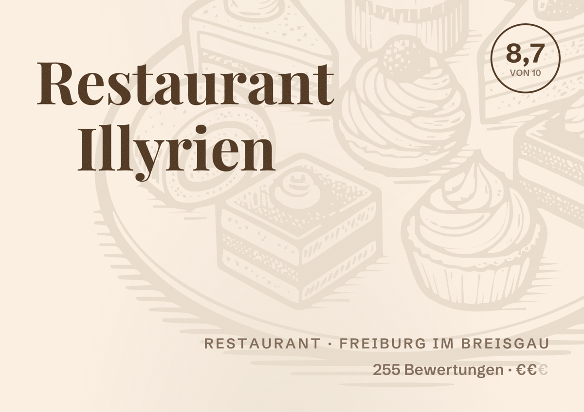 Illustriertes Poster von Restaurant Illyrien, Restaurant in Freiburg im Breisgau: Bewertung 8,7 von 10 aus 255 Bewertungen, Preisniveau €€