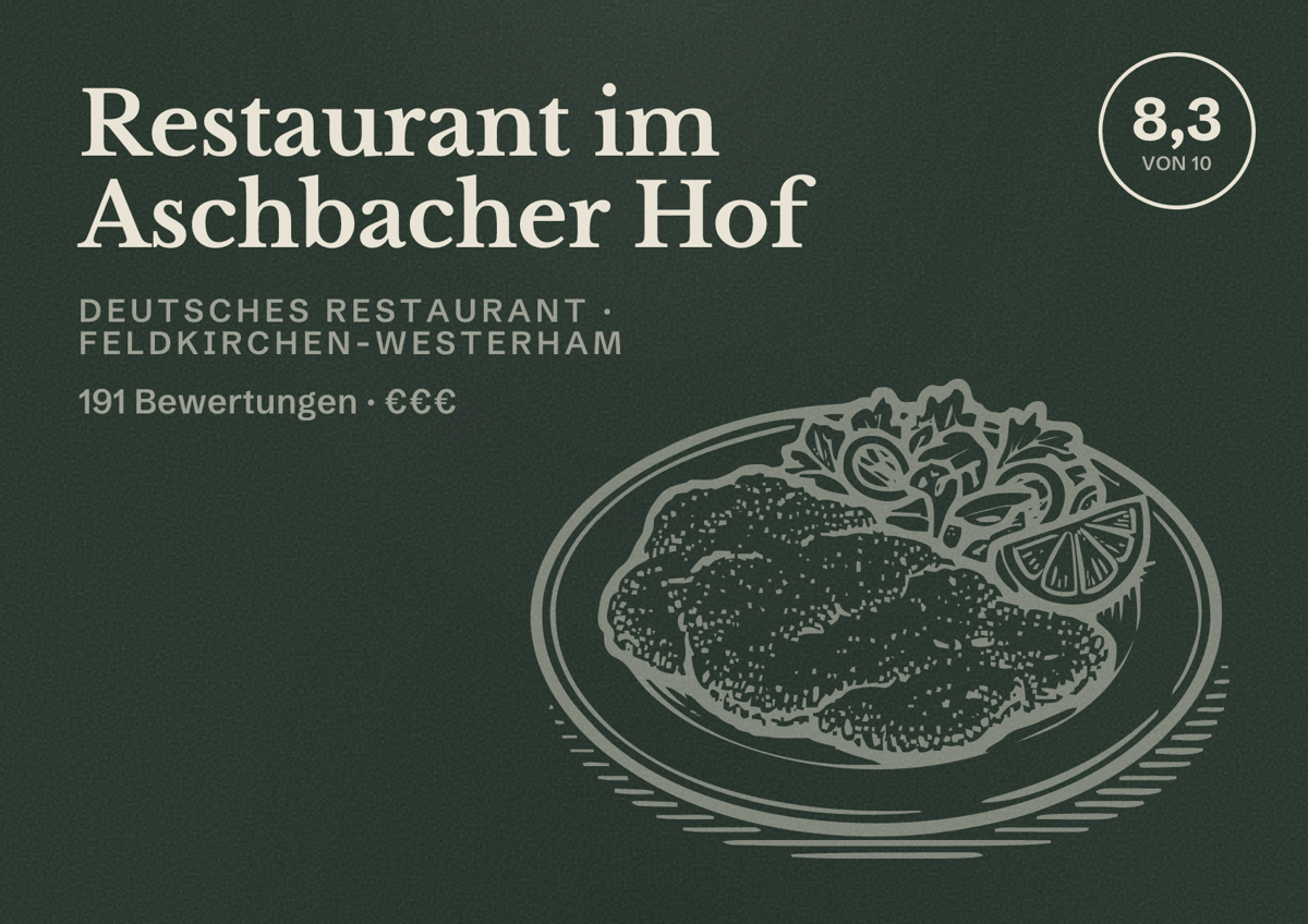Illustriertes Poster von Restaurant im Aschbacher Hof, Deutsches Restaurant in Feldkirchen-Westerham: Bewertung 8,3 von 10 aus 191 Bewertungen, Preisniveau €€€