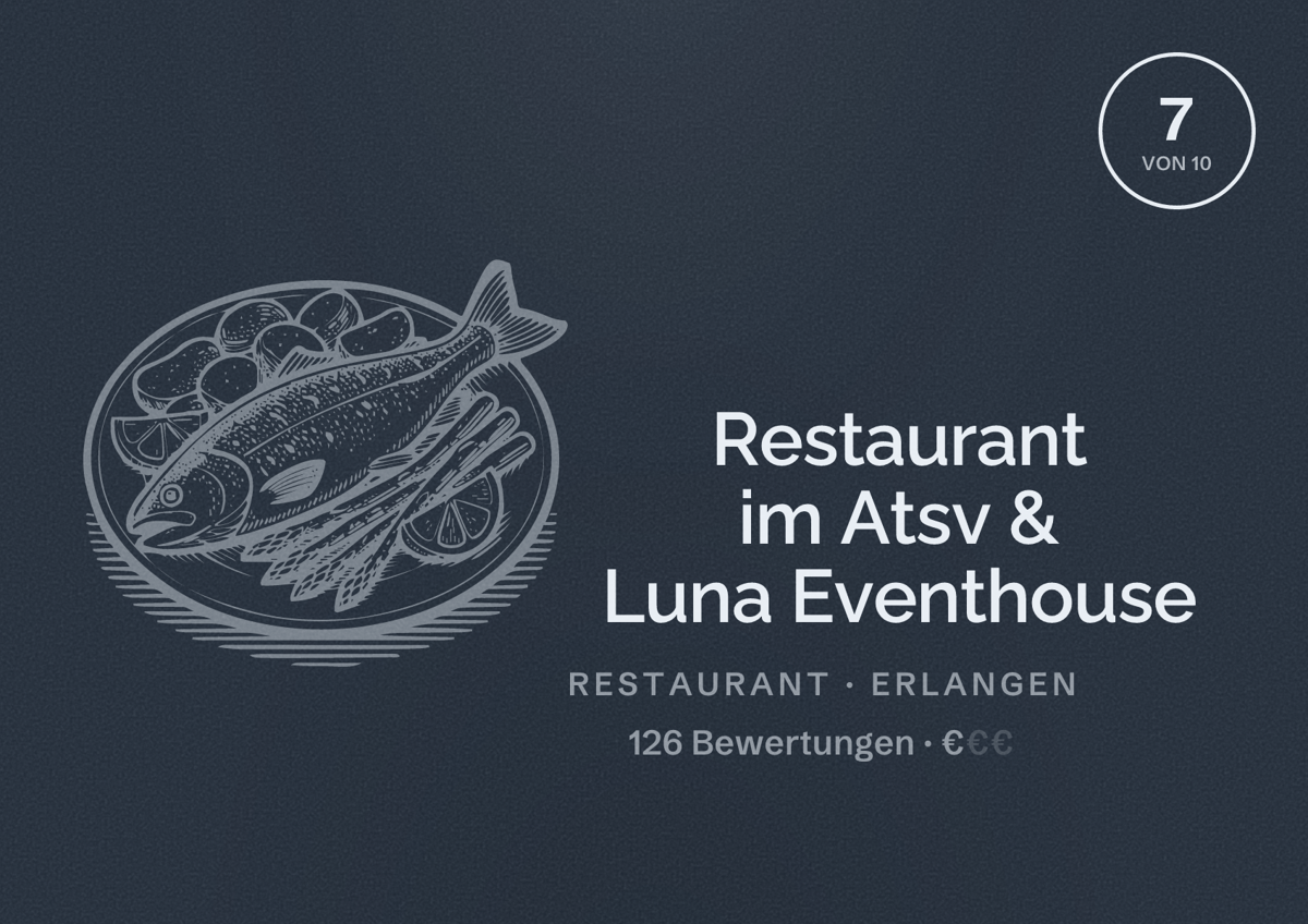 Illustriertes Poster von Restaurant im Atsv & Luna Eventhouse, Restaurant in Erlangen: Bewertung 7 von 10 aus 126 Bewertungen, Preisniveau €