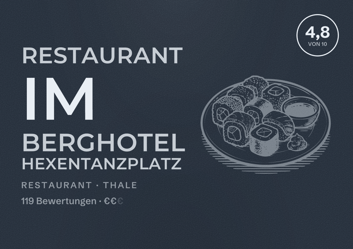 Illustriertes Poster von Restaurant im Berghotel Hexentanzplatz, Restaurant in Thale: Bewertung 4,8 von 10 aus 119 Bewertungen, Preisniveau €€