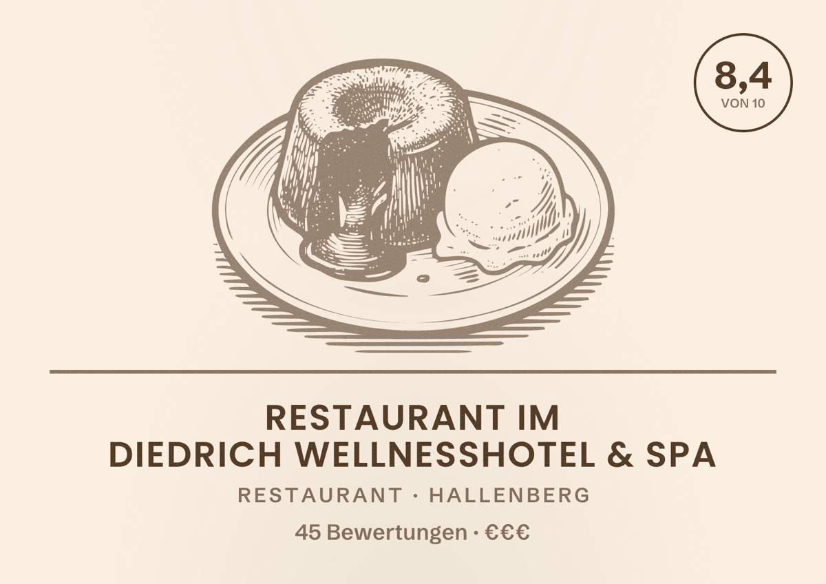 Illustriertes Poster von Restaurant im DIEDRICH Wellnesshotel & Spa, Restaurant in Hallenberg: Bewertung 8,4 von 10 aus 45 Bewertungen, Preisniveau €€€