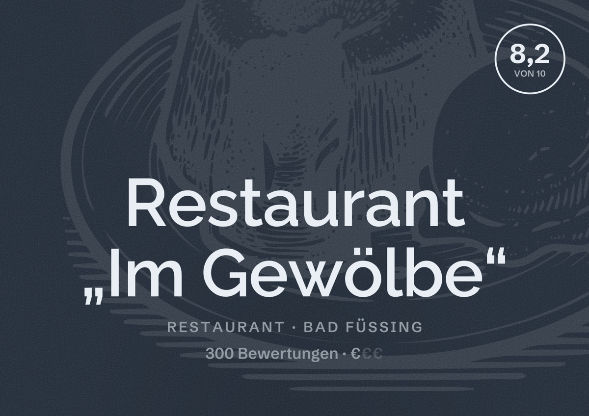Illustriertes Poster von Restaurant „Im Gewölbe“, Restaurant in Bad Füssing: Bewertung 8,2 von 10 aus 300 Bewertungen, Preisniveau €
