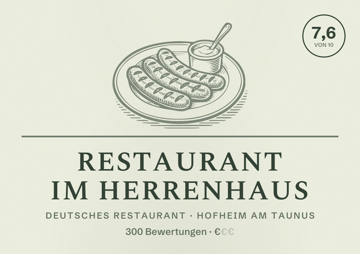 Illustriertes Poster von Restaurant im Herrenhaus, Deutsches Restaurant in Hofheim am Taunus: Bewertung 7,6 von 10 aus 300 Bewertungen, Preisniveau €
