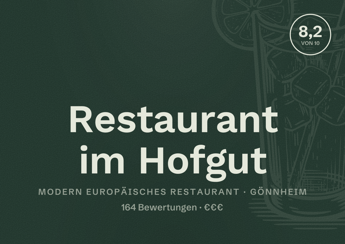 Illustriertes Poster von Restaurant im Hofgut, Modern europäisches Restaurant in Gönnheim: Bewertung 8,2 von 10 aus 164 Bewertungen, Preisniveau €€€