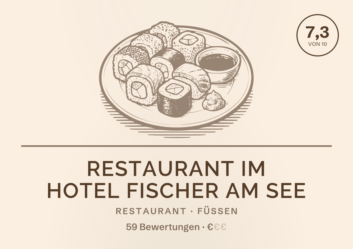 Illustriertes Poster von Restaurant im Hotel Fischer am See, Restaurant in Füssen: Bewertung 7,3 von 10 aus 59 Bewertungen, Preisniveau €