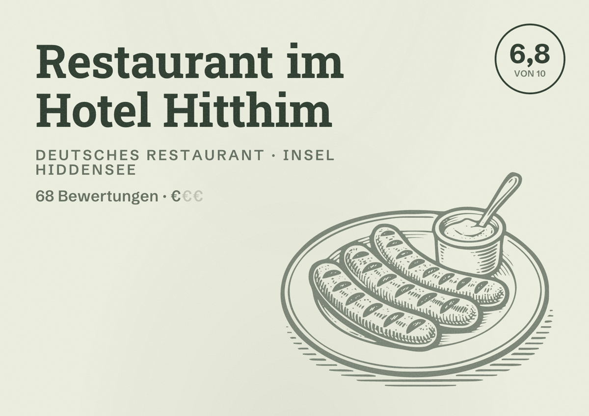 Illustriertes Poster von Restaurant im Hotel Hitthim, Deutsches Restaurant in Insel Hiddensee: Bewertung 6,8 von 10 aus 68 Bewertungen, Preisniveau €