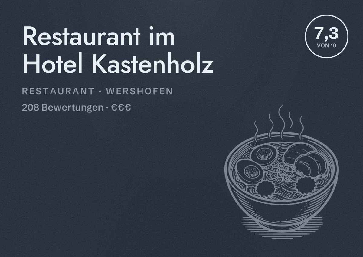 Illustriertes Poster von Restaurant im Hotel Kastenholz, Restaurant in Wershofen: Bewertung 7,3 von 10 aus 208 Bewertungen, Preisniveau €€€