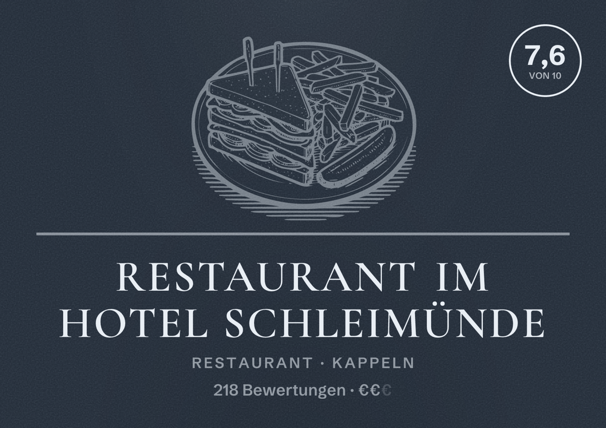 Illustriertes Poster von Restaurant im Hotel Schleimünde, Restaurant in Kappeln: Bewertung 7,6 von 10 aus 218 Bewertungen, Preisniveau €€