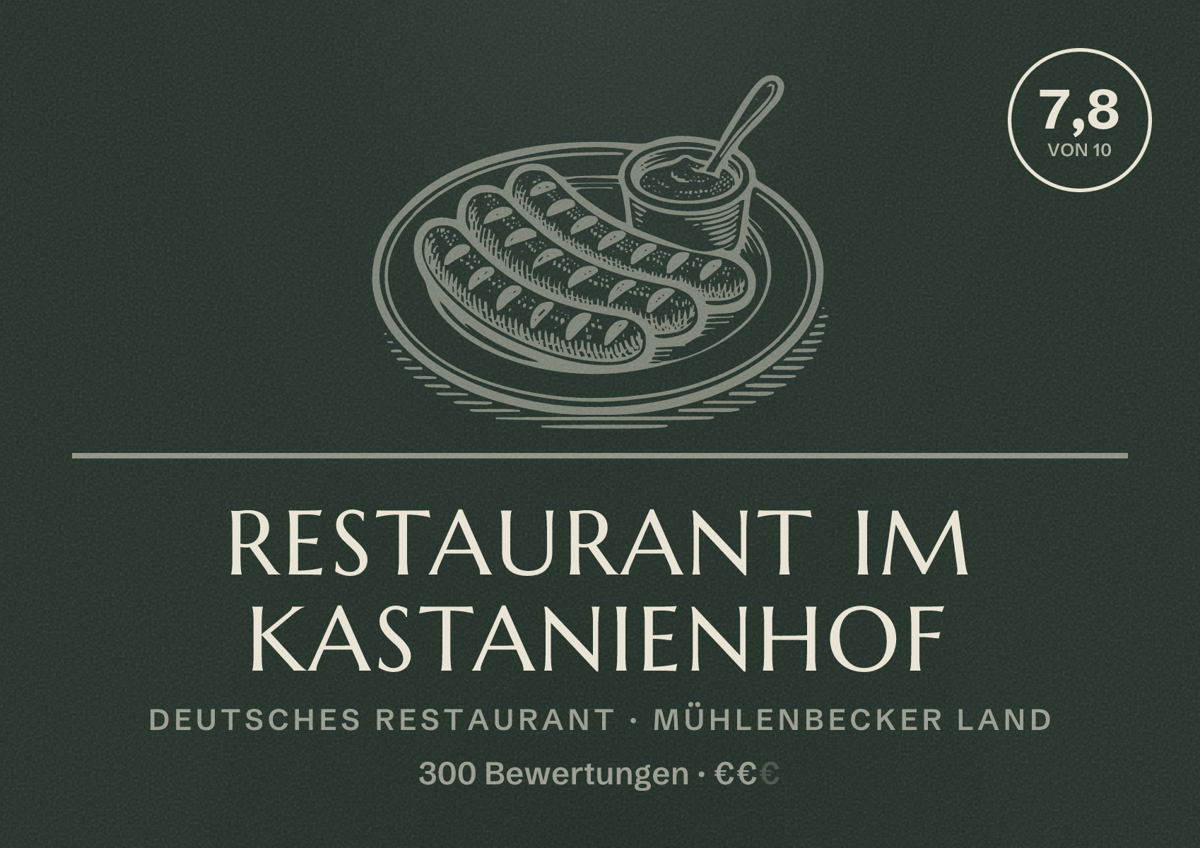 Illustriertes Poster von Restaurant im Kastanienhof, Deutsches Restaurant in Mühlenbecker Land: Bewertung 7,8 von 10 aus 300 Bewertungen, Preisniveau €€