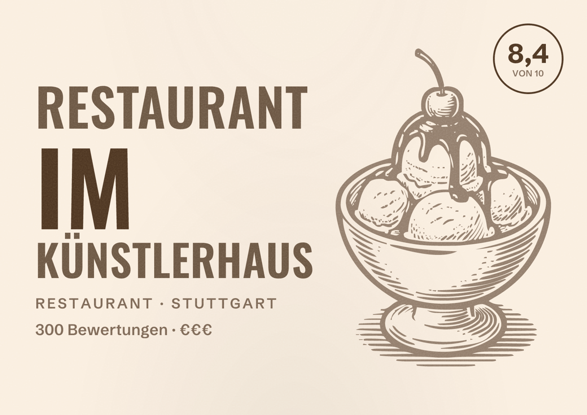 Illustriertes Poster von Restaurant Im Künstlerhaus, Restaurant in Stuttgart: Bewertung 8,4 von 10 aus 300 Bewertungen, Preisniveau €€€