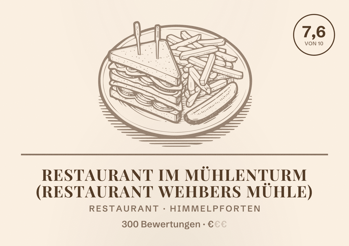 Illustriertes Poster von Restaurant im Mühlenturm (Restaurant Wehbers Mühle), Restaurant in Himmelpforten: Bewertung 7,6 von 10 aus 300 Bewertungen, Preisniveau €
