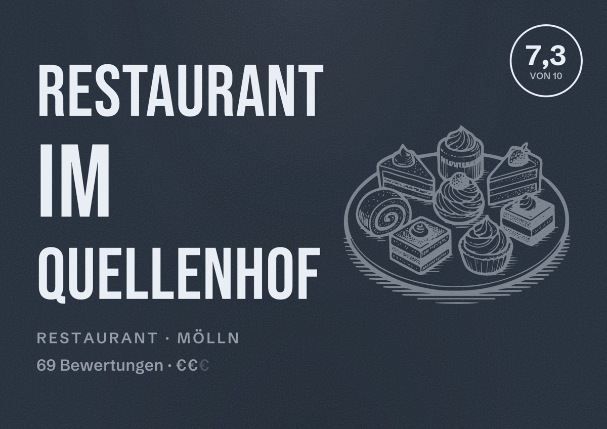 Illustriertes Poster von Restaurant Im Quellenhof, Restaurant in Mölln: Bewertung 7,3 von 10 aus 69 Bewertungen, Preisniveau €€