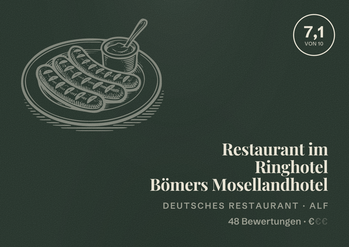 Illustriertes Poster von Restaurant im Ringhotel Bömers Mosellandhotel, Deutsches Restaurant in Alf: Bewertung 7,1 von 10 aus 48 Bewertungen, Preisniveau €