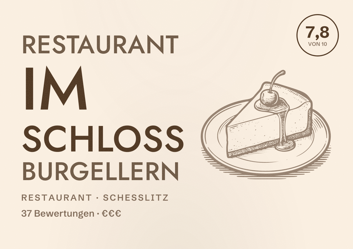 Illustriertes Poster von Restaurant im Schloss Burgellern, Restaurant in Scheßlitz: Bewertung 7,8 von 10 aus 37 Bewertungen, Preisniveau €€€