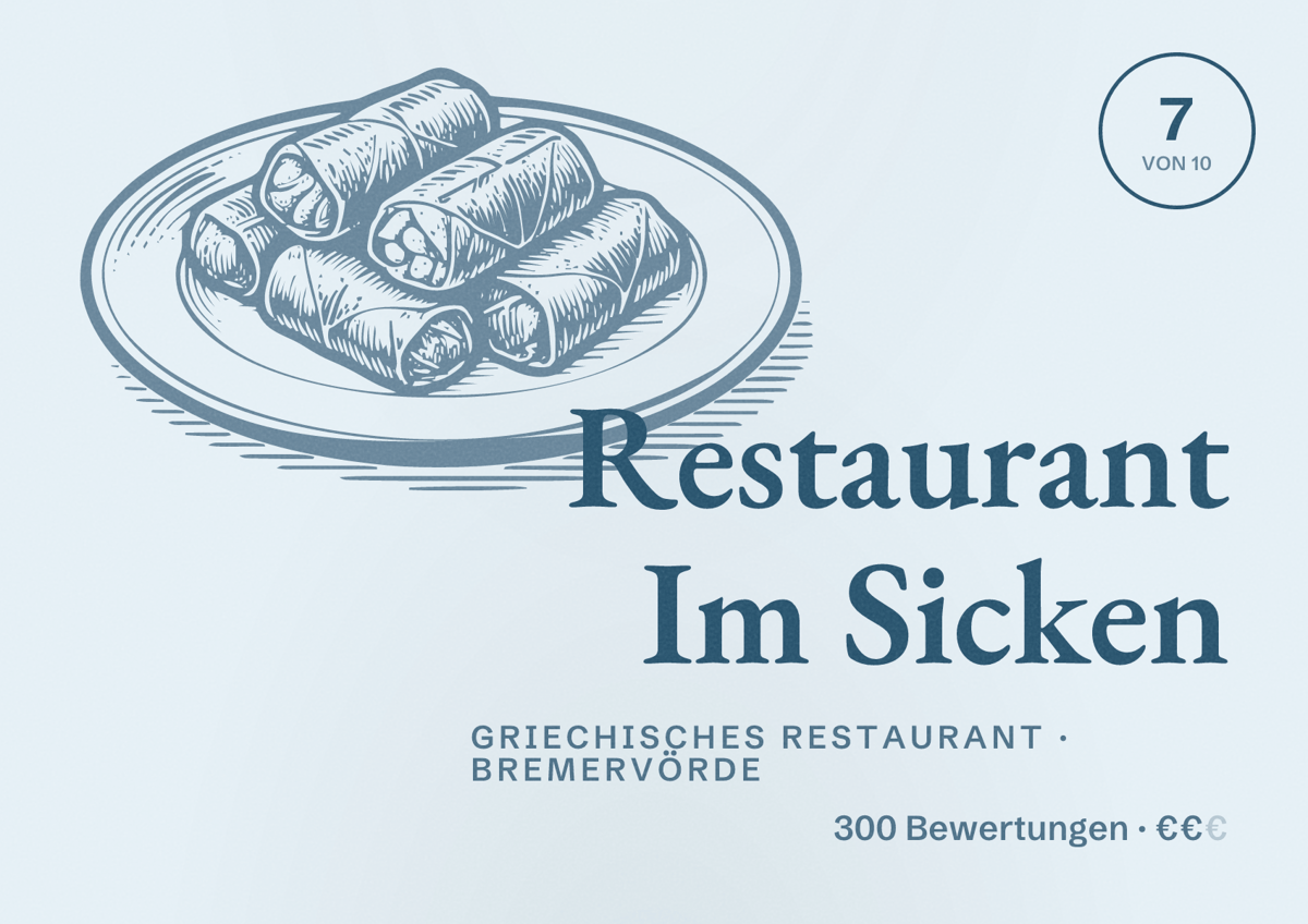 Illustriertes Poster von Restaurant Im Sicken, Griechisches Restaurant in Bremervörde: Bewertung 7 von 10 aus 300 Bewertungen, Preisniveau €€