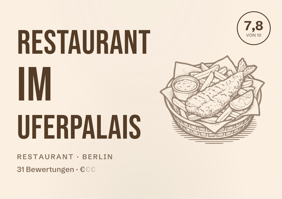 Illustriertes Poster von Restaurant im Uferpalais, Restaurant in Berlin: Bewertung 7,8 von 10 aus 31 Bewertungen, Preisniveau €