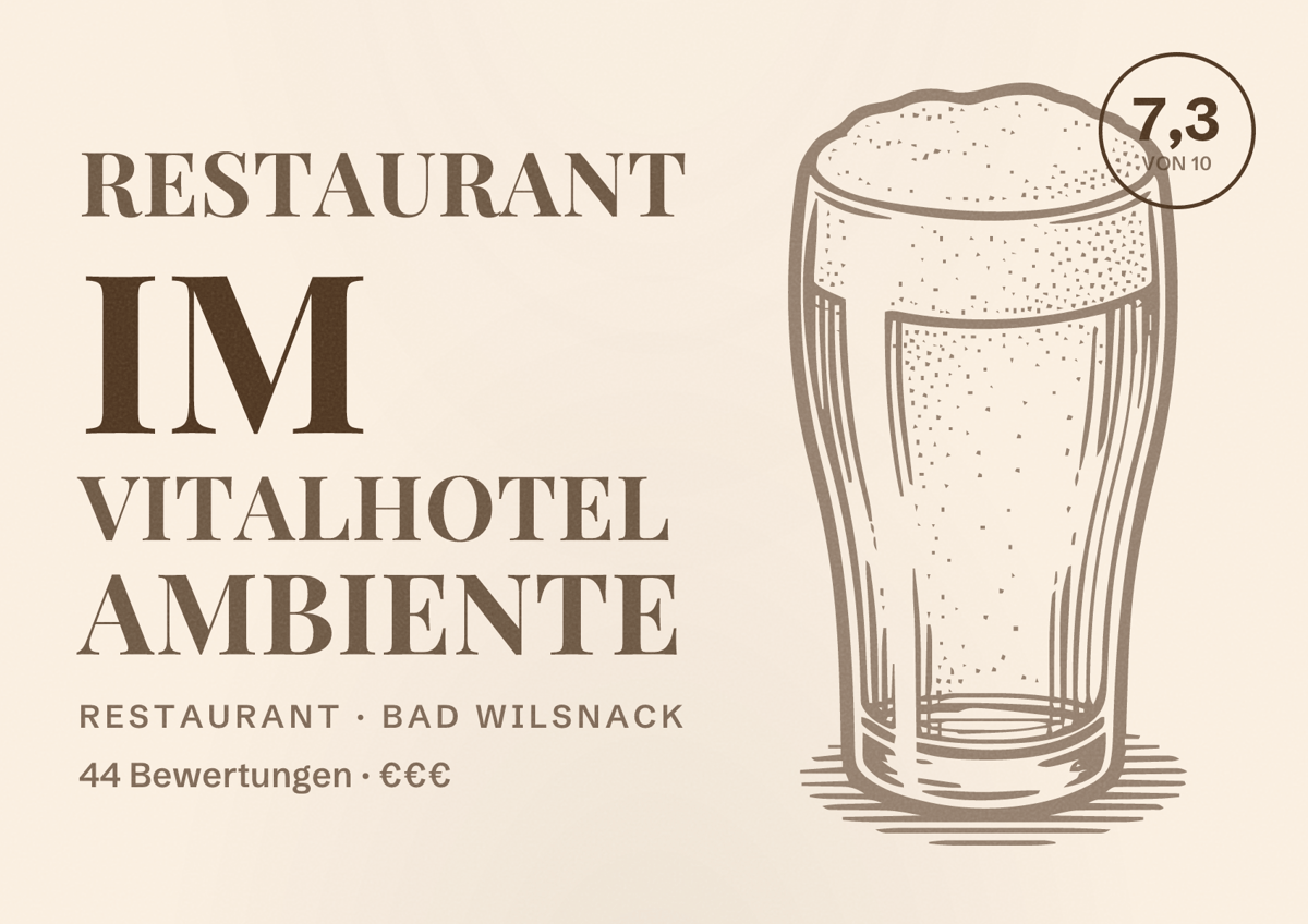 Illustriertes Poster von Restaurant im VITALHOTEL ambiente, Restaurant in Bad Wilsnack: Bewertung 7,3 von 10 aus 44 Bewertungen, Preisniveau €€€
