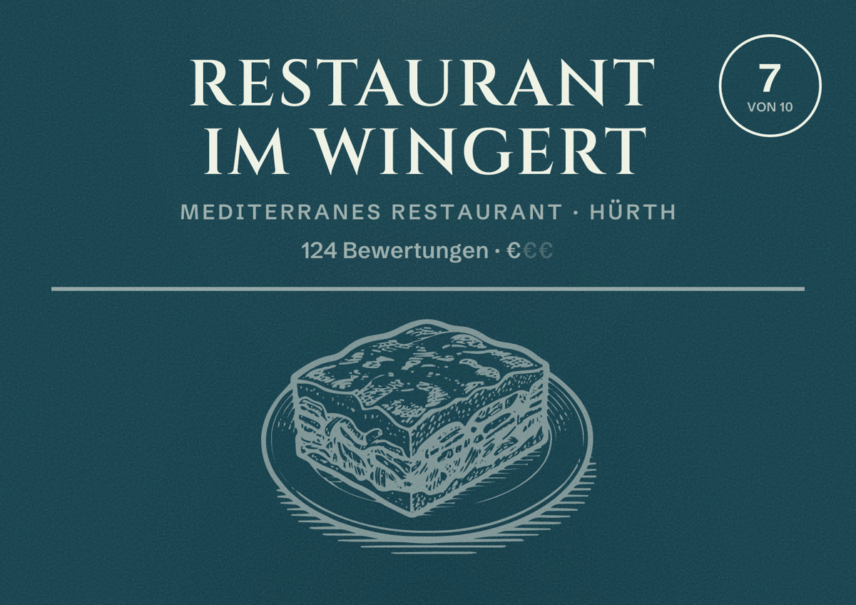 Illustriertes Poster von Restaurant Im Wingert, Mediterranes Restaurant in Hürth: Bewertung 7 von 10 aus 124 Bewertungen, Preisniveau €