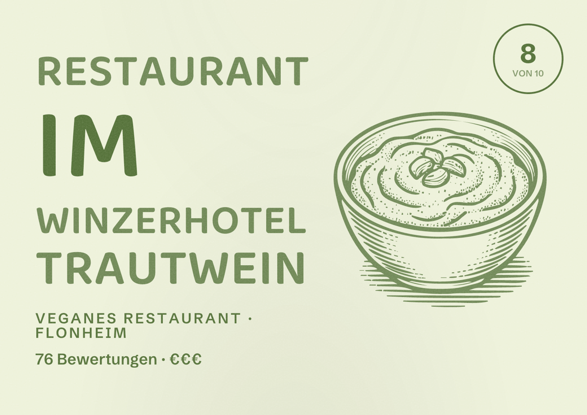Illustriertes Poster von Restaurant im Winzerhotel Trautwein, Veganes Restaurant in Flonheim: Bewertung 8 von 10 aus 76 Bewertungen, Preisniveau €€€