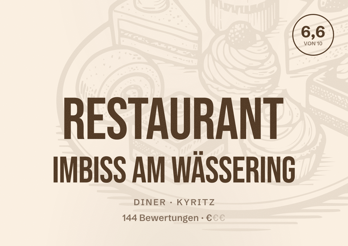 Illustriertes Poster von Restaurant Imbiss am Wässering, Diner in Kyritz: Bewertung 6,6 von 10 aus 144 Bewertungen, Preisniveau €