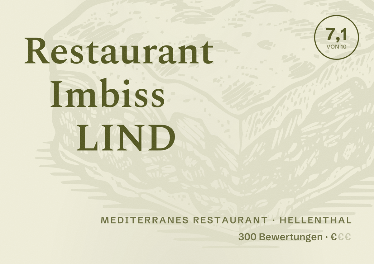 Illustriertes Poster von Restaurant Imbiss LIND, Mediterranes Restaurant in Hellenthal: Bewertung 7,1 von 10 aus 300 Bewertungen, Preisniveau €