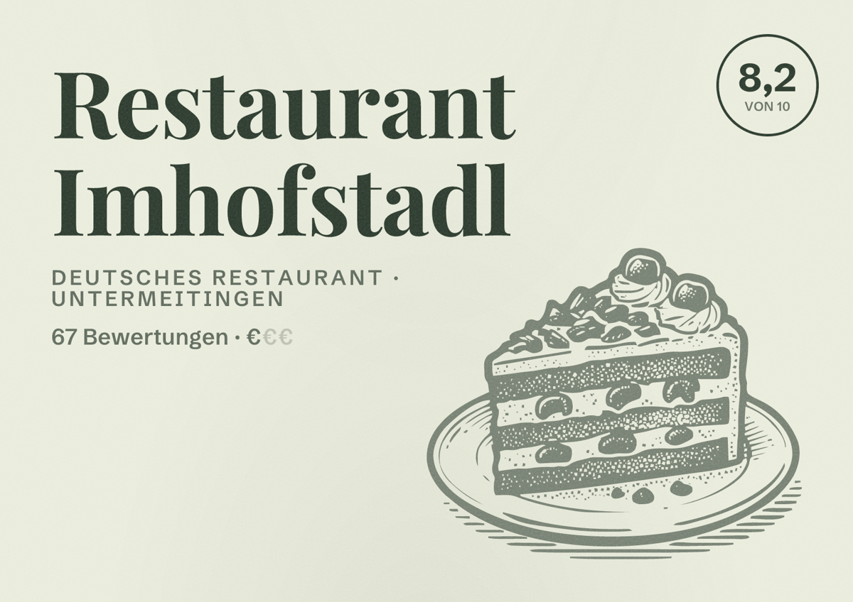 Illustriertes Poster von Restaurant Imhofstadl, Deutsches Restaurant in Untermeitingen: Bewertung 8,2 von 10 aus 67 Bewertungen, Preisniveau €
