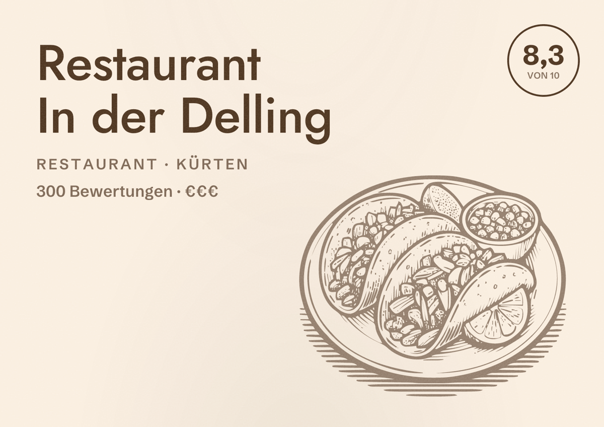 Illustriertes Poster von Restaurant In der Delling, Restaurant in Kürten: Bewertung 8,3 von 10 aus 300 Bewertungen, Preisniveau €€€