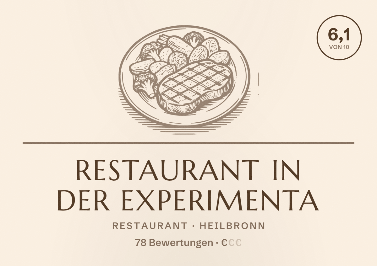 Illustriertes Poster von Restaurant in der Experimenta, Restaurant in Heilbronn: Bewertung 6,1 von 10 aus 78 Bewertungen, Preisniveau €