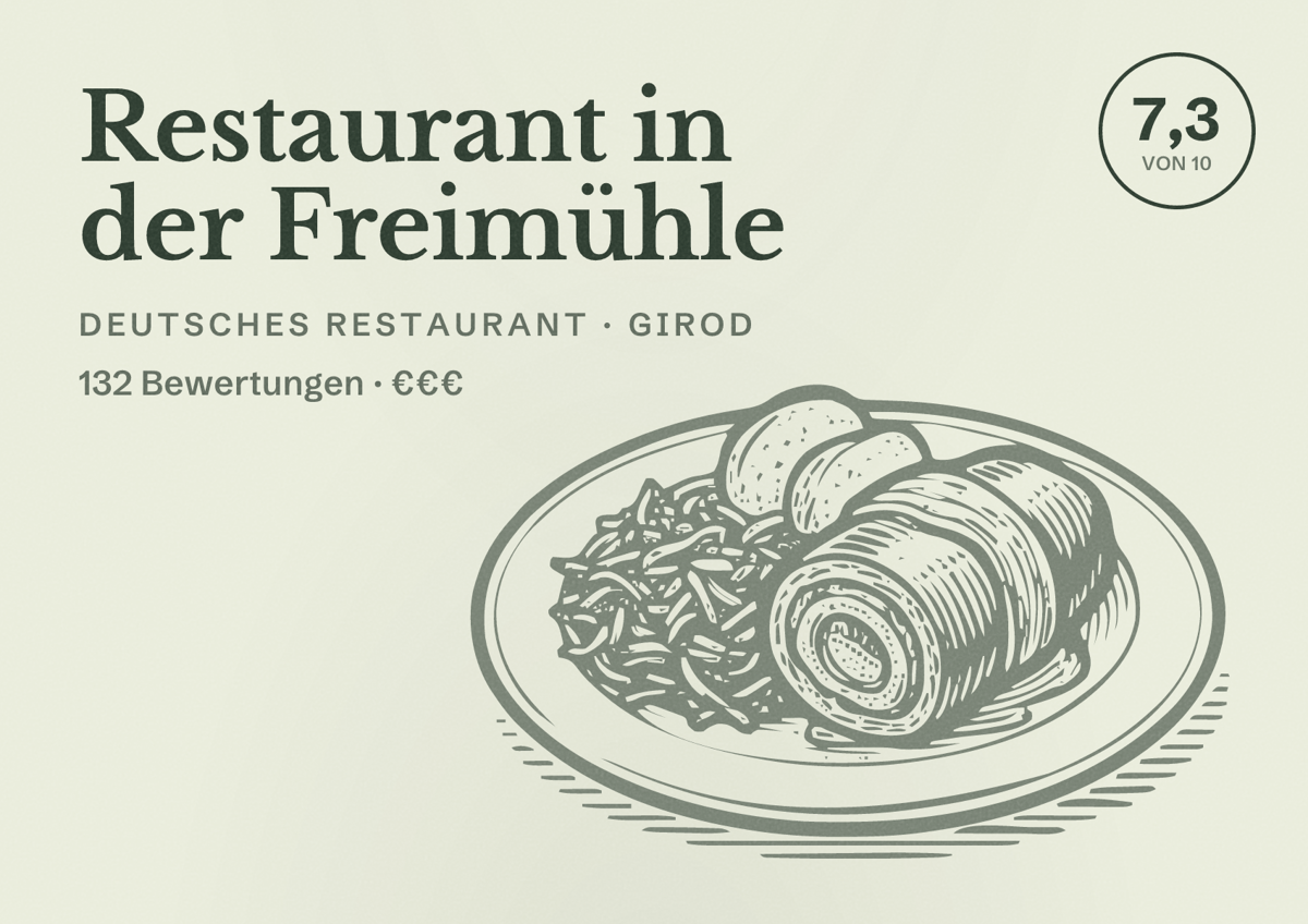 Illustriertes Poster von Restaurant in der Freimühle, Deutsches Restaurant in Girod: Bewertung 7,3 von 10 aus 132 Bewertungen, Preisniveau €€€