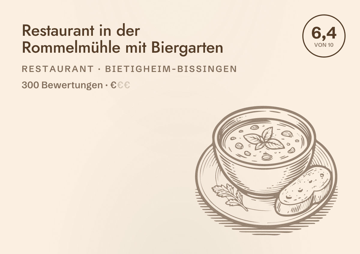 Illustriertes Poster von Restaurant in der Rommelmühle mit Biergarten, Restaurant in Bietigheim-Bissingen: Bewertung 6,4 von 10 aus 300 Bewertungen, Preisniveau €