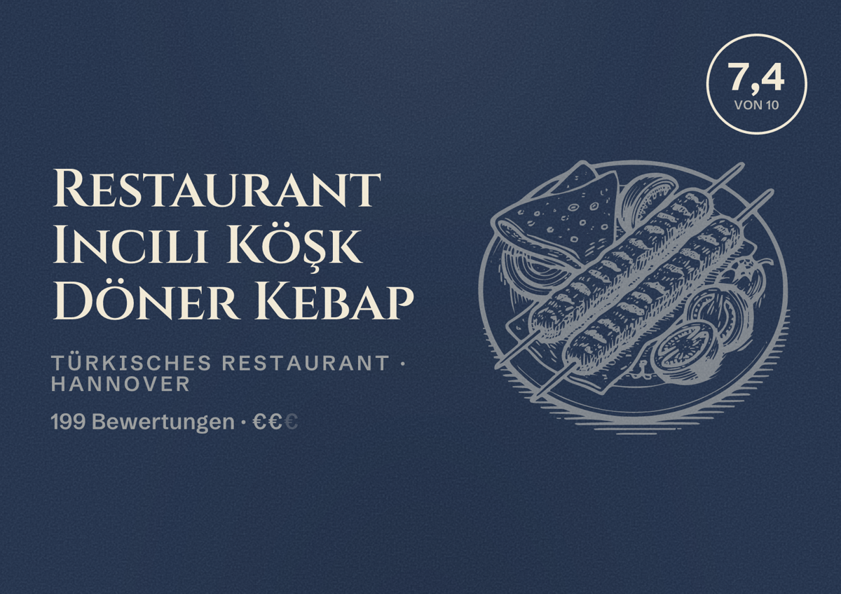 Illustriertes Poster von Restaurant Incili Köşk Döner Kebap, Türkisches Restaurant in Hannover: Bewertung 7,4 von 10 aus 199 Bewertungen, Preisniveau €€